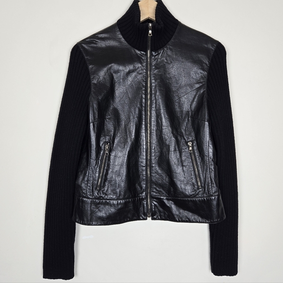 THEORY Ribbed Knit Sleeve Wool Leather Jacket - Picture 2 of 6